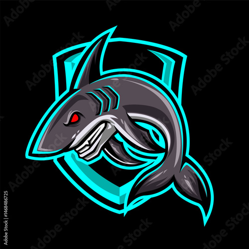 Illustration vector grapich of shark and shield perfect for mascot logo design 
