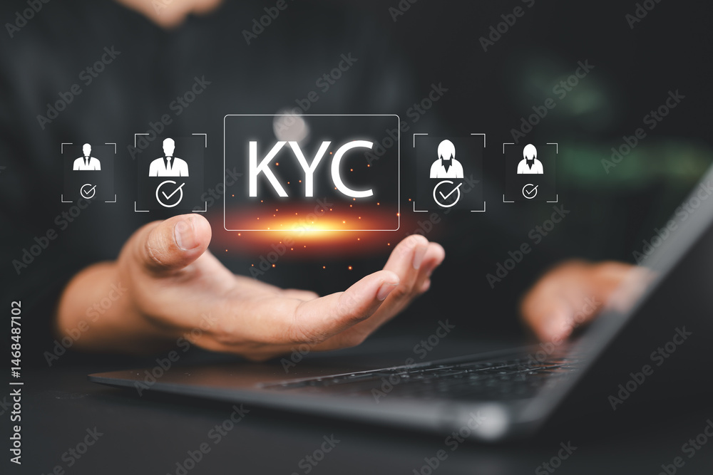 KYC, know your customer with business verifying the identity. Increase financial security and access personal financial data. Businessman showing KYC icon on virtual screen. KYC, know your customer with business verifying the identity. Increase financial security and access personal financial data. Businessman showing KYC icon on virtual screen.