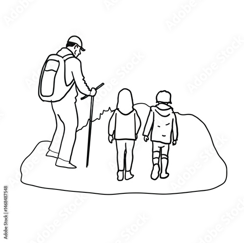 black and white line. father and his two sons and daughters are hiking traveling. Cartoon Style Illustration