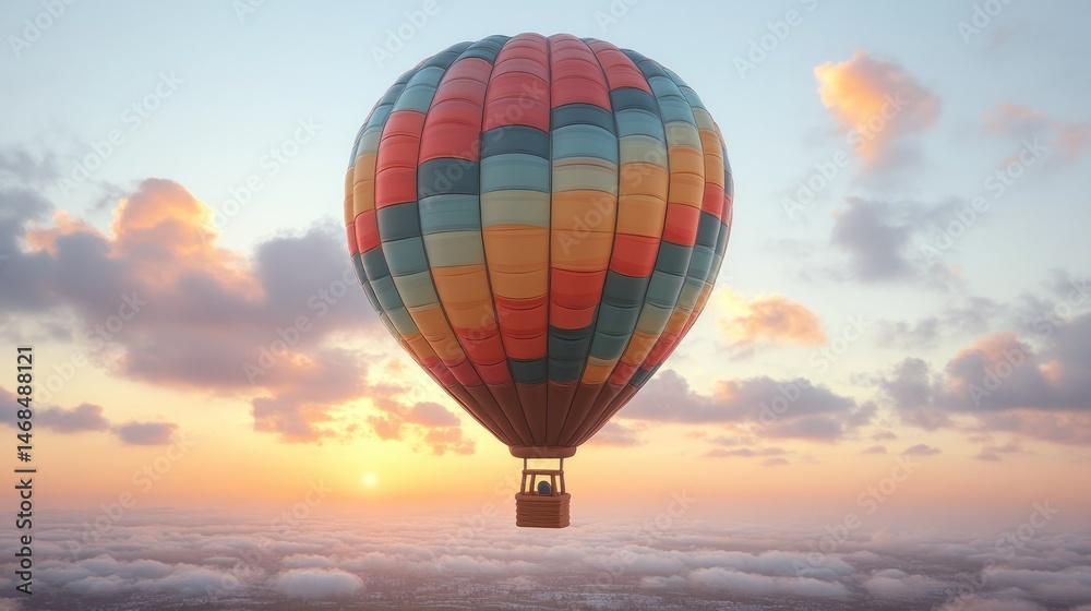 Fototapeta premium Colorful hot air balloon soars above clouds at sunrise