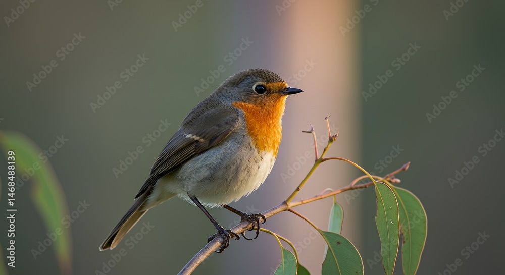 Fototapeta premium Robin Bird Perched on Branch with Green Leaves in Natural Setting