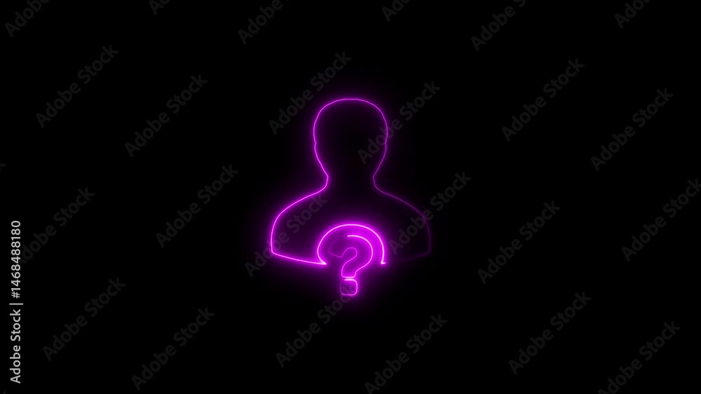 Animated neon silhouette person with question mark concept of identity and doubt against black backdrop Animated neon silhouette person with question mark concept of identity and doubt against black backdrop