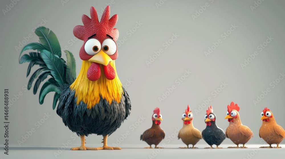 Fototapeta premium Cartoon rooster looking at small chicks on a plain background. Possible use children's book cover or greeting card