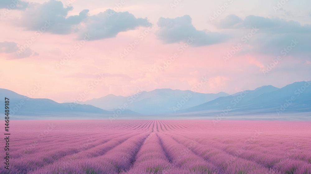 Naklejka premium Serene Lavender Field at Sunset with Mountain View