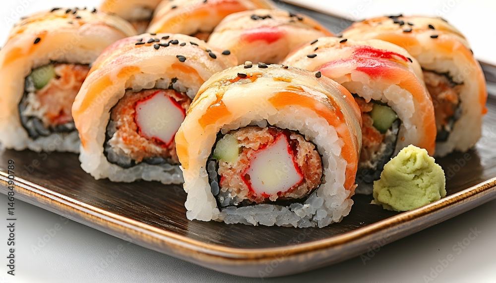 Closeup of Salmon and Crab Sushi Rolls on a Brown Plate Closeup of Salmon and Crab Sushi Rolls on a Brown Plate