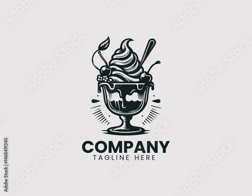 Ice Cream Sundae in Glass Whipped Cream Chocolate Sauce Cherry Vector Logo Design, Sundae in Glass Whipped Cream Chocolate Cherry Logo Vector