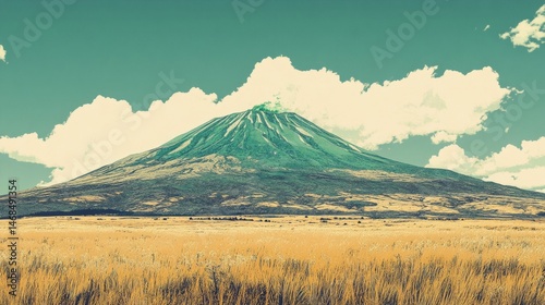 Green Volcano in a Golden Field Under a Cloudy Sky