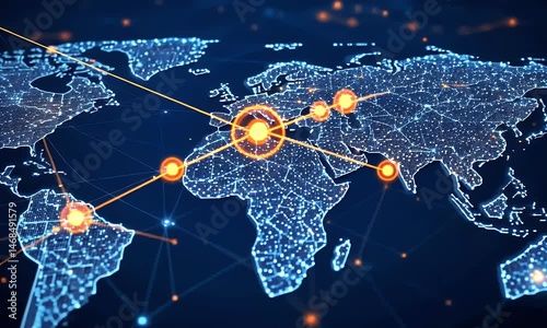  A map of the world with yellow, glowing connections between cities, representing global connectivity and internet use for online shopping and business communication.