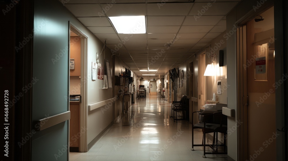 a hospital corridor view with doors and dim lights. a hospital corridor view with doors and dim lights.