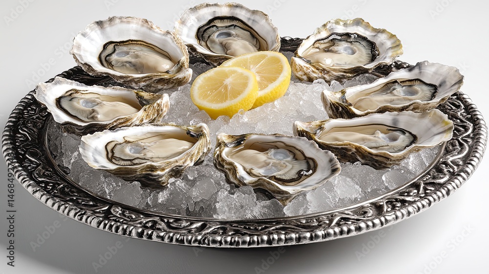 Silver tray with a variety of oysters and lemons on top Silver tray with a variety of oysters and lemons on top