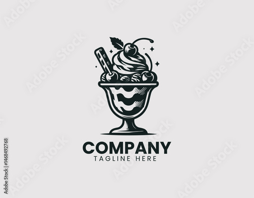 Ice Cream Sundae in Glass Whipped Cream Chocolate Sauce Cherry Vector Logo Design, Sundae in Glass Whipped Cream Chocolate Cherry Logo Vector