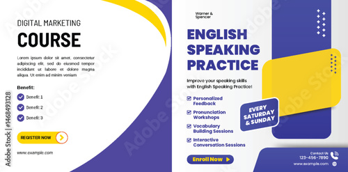 Informative promotional flyer highlighting language learning and digital marketing courses
