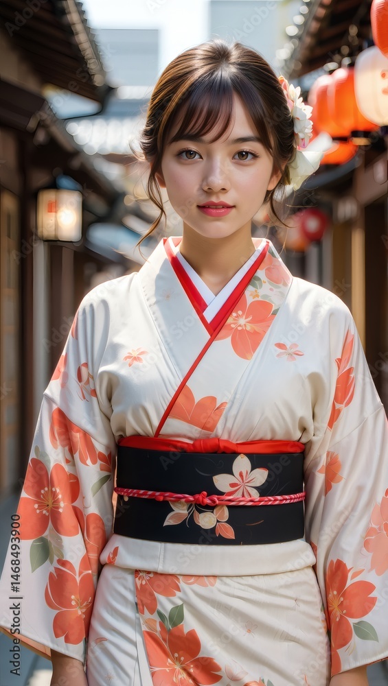 Stunning Young Woman in Traditional Japanese Kimono, Elegant and Graceful Pose in a Charming Asian Street Setting Stunning Young Woman in Traditional Japanese Kimono, Elegant and Graceful Pose in a Charming Asian Street Setting