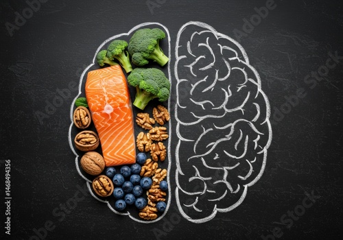 A creative illustration of a brain with healthy food components on a dark background.
