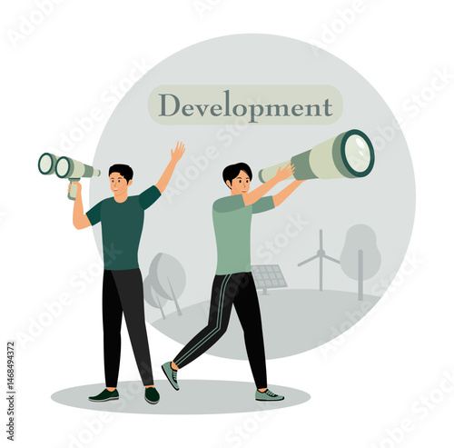 Development concept. Men Observing Development Concepts Using Binoculars.