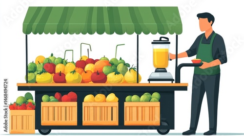 Vibrant fruit and juice stand at a bustling market, showcasing fresh produce and a blender