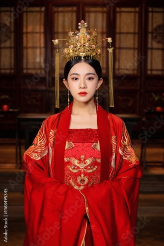 Elegant Chinese Empress in Traditional Red Gown and Golden Headdress A Portrait of Imperial Majesty