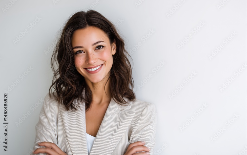 Friendly Professional Female in Light Blazer, Half-Length Portrait with Soft Studio Lighting, Minimalist White Background. Exuding Approachability and Expertise Friendly Professional Female in Light Blazer, Half-Length Portrait with Soft Studio Lighting, Minimalist White Background. Exuding Approachability and Expertise