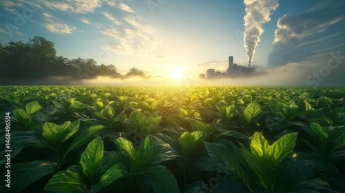 Sunrise over a tobacco field with a factory in the background.