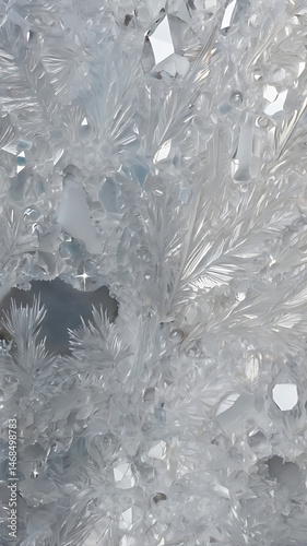 Frosted white quartz texture with crystalline patterns, abstract close-up, light refraction and shimmer


