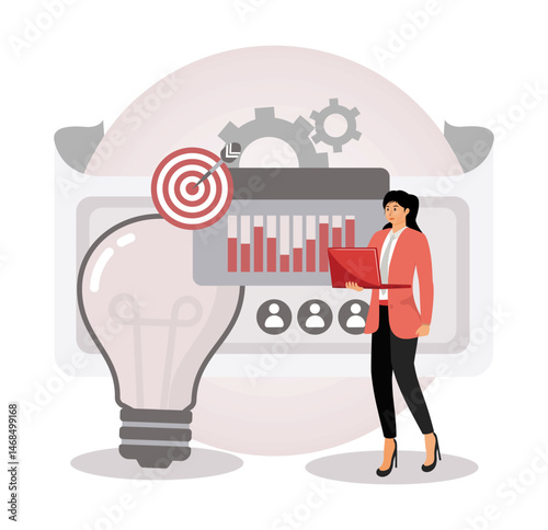 Project initiation concept. Businesswoman Analyzing Data with Graphs, Light bulb, and Productivity.