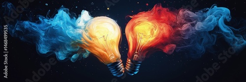 Dual light bulbs, one burning blue, the other red, surrounded by smoke