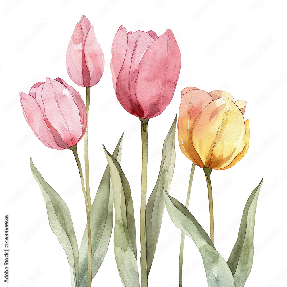 Fototapeta premium Soft pink and yellow tulip flowers with green leaves in delicate watercolor style, evoking calm and natural springtime feeling