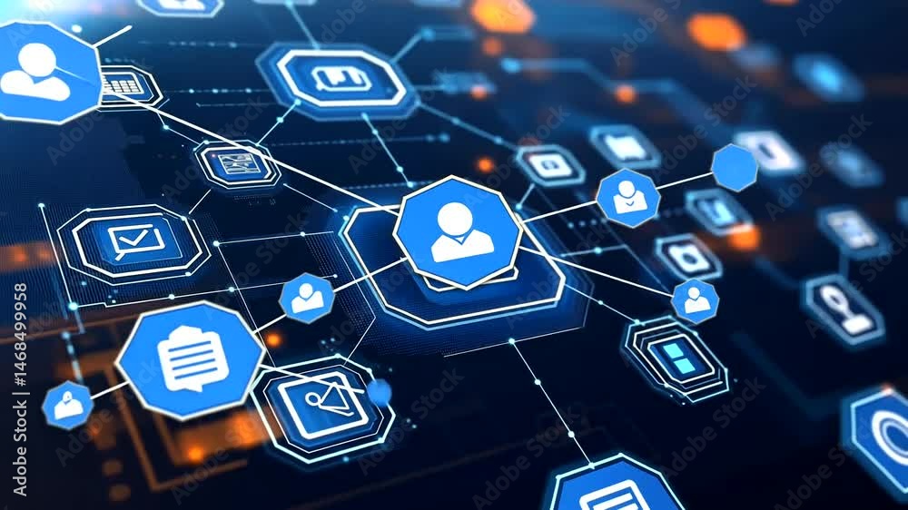 Abstract digital network of glowing blue hexagonal icons with various symbols, interconnected by lines and dots on a dark, futuristic background