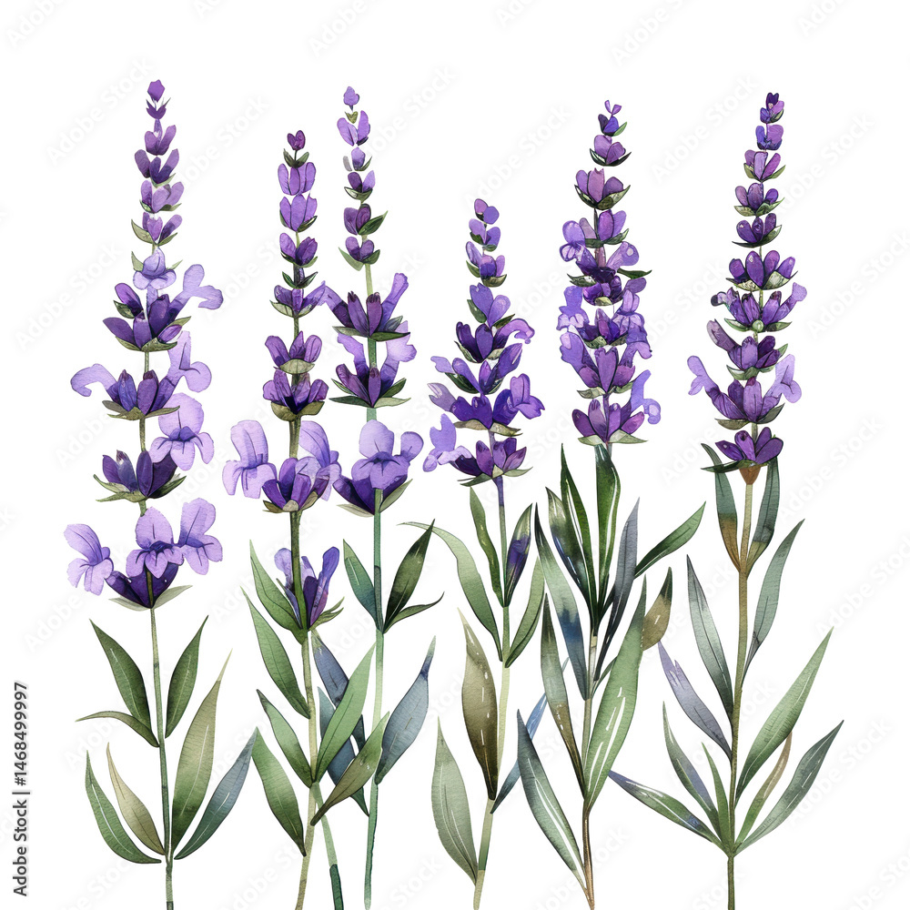 Obraz premium Lavender watercolor stems with delicate purple flowers and green leaves arranged in natural, calming on transparent background