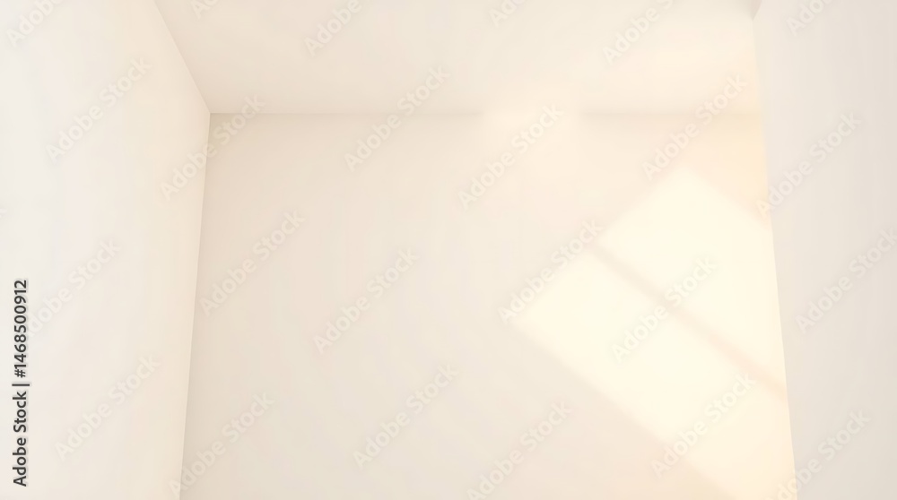 Fototapeta premium Sunlight streams into a stark white room corner, casting a sharp geometric shadow and highlighting the clean, minimalist lines and empty space of the interior.