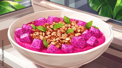 A vibrant smoothie bowl topped with dragon fruit and granola, set on a sunny kitchen counter