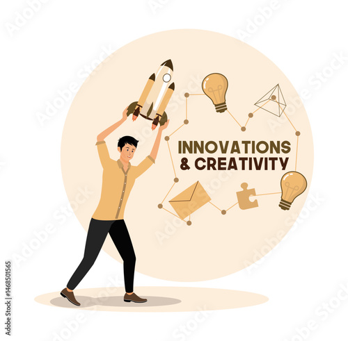 Creative Innovation Concept with Man Holding Rocket and Idea.