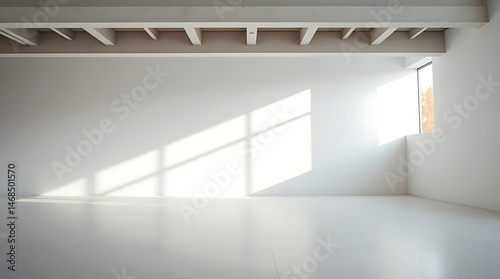 A bright, empty white room with a window letting in dramatic sunlight and shadows, highlighting the minimalist architecture and exposed ceiling beams.