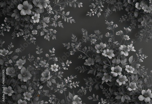 Intricate charcoal grey floral wallpaper; tiny blossoms and leaves create a dense, elegant pattern ,  surface,  tiny flowers