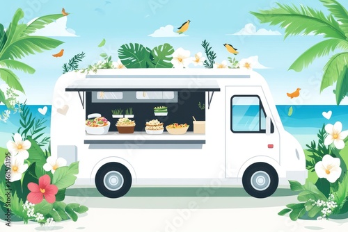 Vibrant food truck on a tropical beach surrounded by lush greenery and flowers, serving fresh dishes