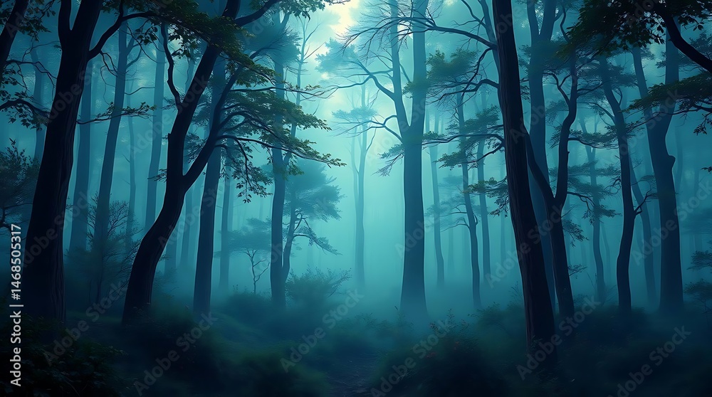 Misty tendrils weave through a dark forest as shafts of light pierce the canopy, creating an ethereal and mysterious woodland atmosphere. Misty tendrils weave through a dark forest as shafts of light pierce the canopy, creating an ethereal and mysterious woodland atmosphere.