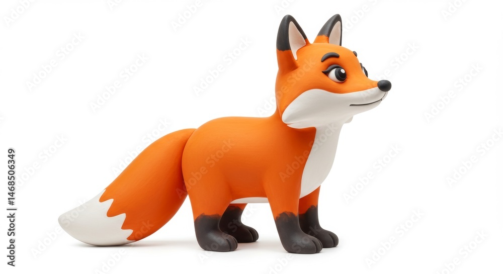 Fototapeta premium Adorable cartoon fox standing alert with bright orange fur and a playful expression against a clean white background perfect for children's illustrations and educational resources