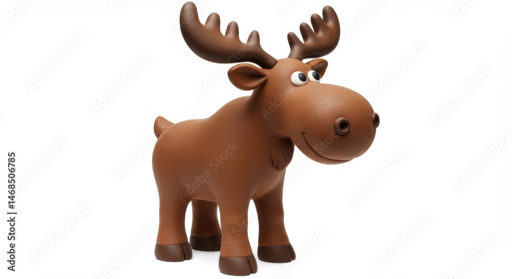 Fototapeta premium Adorable cartoon moose figurine standing on a white background perfect for children's illustrations and holiday themed designs, featuring a charming smile and playful antlers