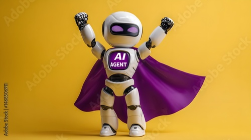 AI agent humanoid robot wearing superhero cape automates future jobs
