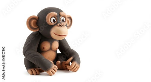 Adorable chimpanzee clay figurine sitting with a sweet smile looking to the side against a clean white background, a charming and whimsical animal portrait for children's projects photo