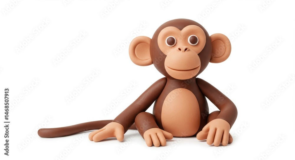 Obraz premium Adorable clay monkey sculpture sits playfully on a white background, perfect for children's illustrations, educational materials, and animation projects, exuding charm and creativity