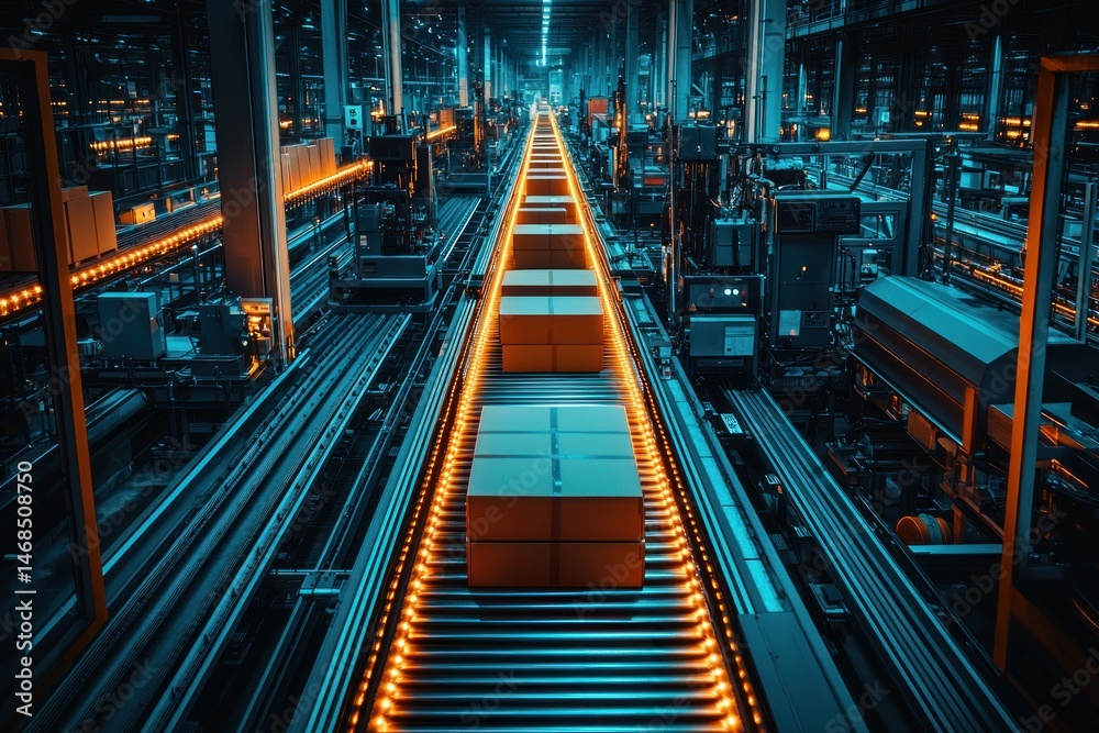 Fototapeta premium Conveyor belts transport boxes in a vast, automated warehouse