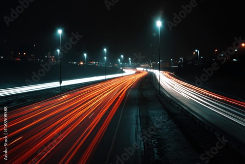 Long Exposure of Vibrant Highway Lights Creating Dynamic Trails at Night in an Urban Setting Generative AI