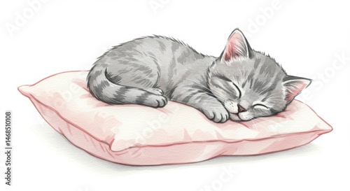 Adorable gray tabby kitten sleeping soundly on a soft pink pillow, a charming watercolor illustration perfect for children's books and nursery decor, capturing peaceful sleep