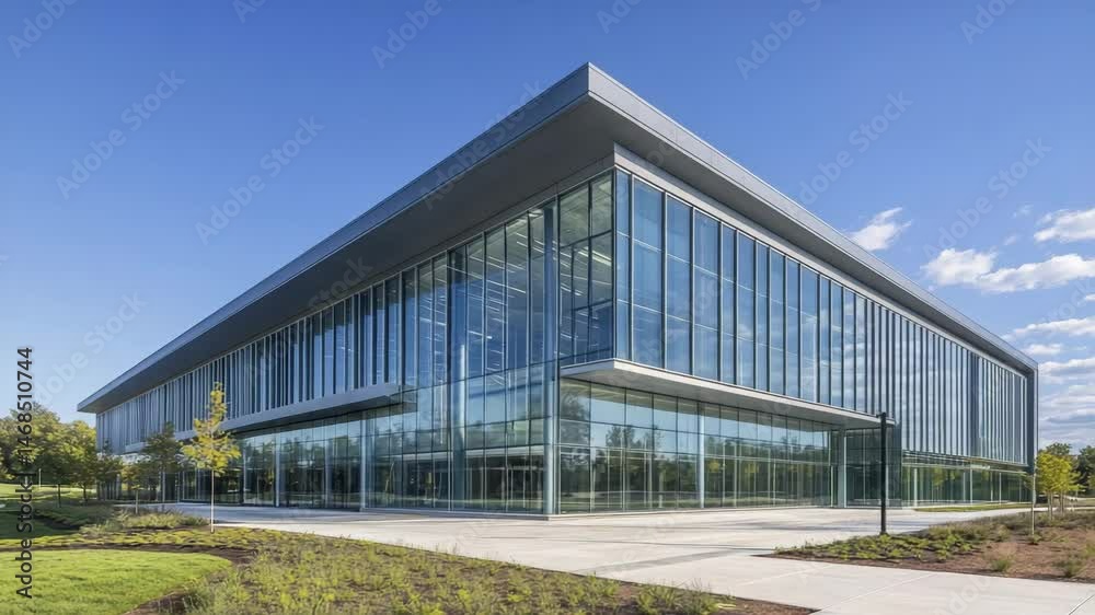 Low angle view of modern architectural structure featuring sleek glass facade, clean lines, reflective surface, and contemporary design elements Low angle view of modern architectural structure featuring sleek glass facade, clean lines, reflective surface, and contemporary design elements