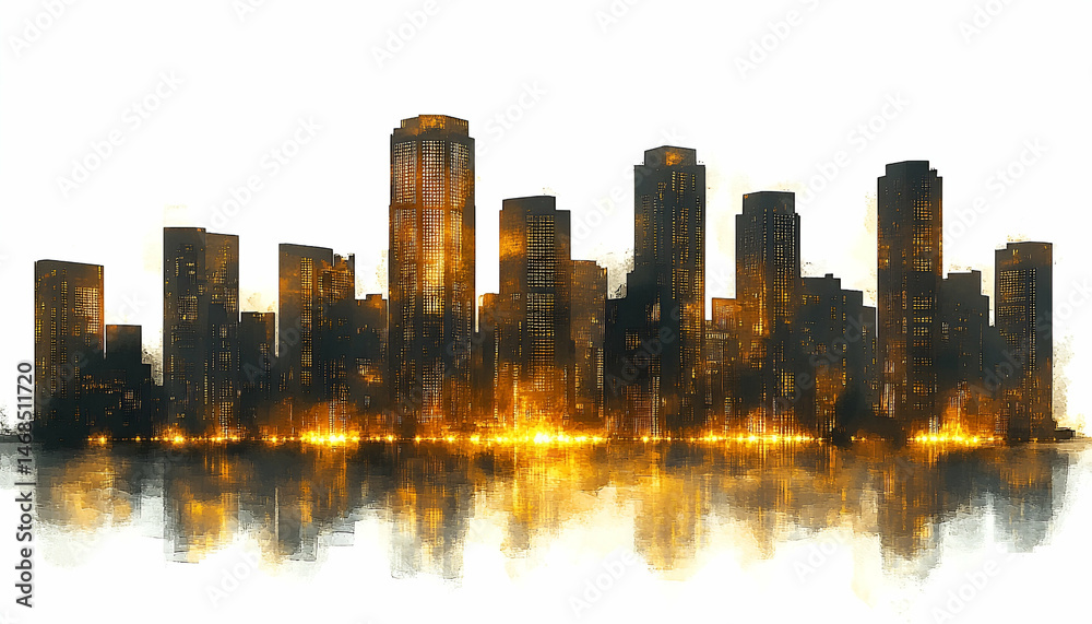 Obraz premium Night City Skyline with Golden Lights and Water Reflection