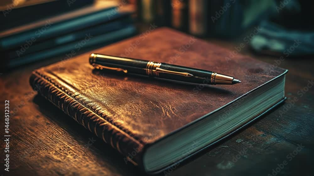 Leather journal and luxury pen on wooden desk, ambient lighting