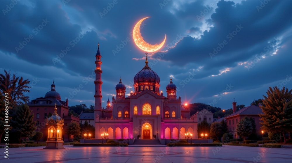 Fototapeta premium Majestic Mosque at Dusk with Crescent Moon and Dramatic Cloudy Sky Setting in Vibrant Colors