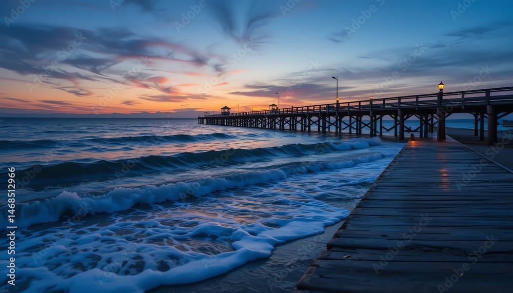 Obraz premium Sunset at the Pier with Ocean Waves