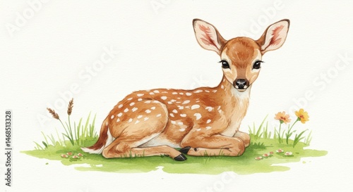 Adorable watercolor fawn illustration lying in grass with flowers, a whimsical and charming image for children's books, nursery decor, and springtime designs that brings a touch of nature's beauty